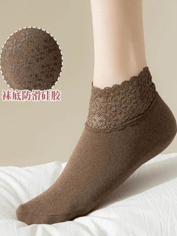 여성 가을 겨울 두꺼운 따뜻한 레이스 홈 미끄럼 방지 바닥 양말 중간 튜브 벨벳 두꺼운 양말 봄 가을 벨벳