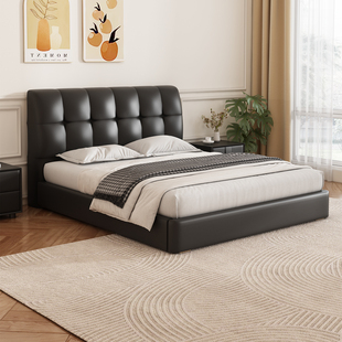 实木床意式轻奢主卧大床家用小户型实木床高端皮艺床软包床双人床