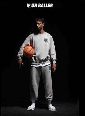 UH灰色休闲运动套装美式圆领卫衣束脚卫裤无帽上衣篮球裤子套服男