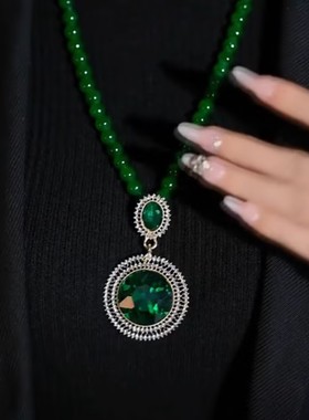 新款绿水晶圆形毛衣链女网红爆款时尚高端长款挂件精美毛衣链女