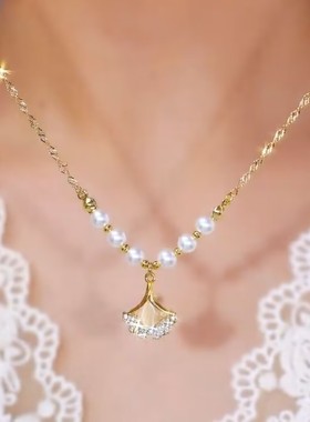 高级感三生有杏银杏叶珠珠项链网红爆款轻奢气质小众设计感项链女