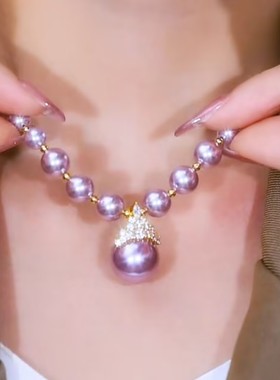 复古紫色珍珠项链女网红爆款轻奢气质百搭小众设计感精美项链女