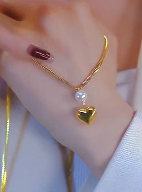韩国珍珠爱心项链女网红小众设计感高级感双层锁骨链2024年新款潮