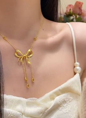 超闪金色蝴蝶结流苏项链女网红爆款轻奢气质百搭小众设计感项链女