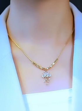 小方块蝴蝶结微镶四钻项链女网红爆款轻奢小众设计气质百搭锁骨链