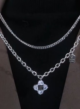 高级感双层叠戴四叶花项链女网红爆款嘻哈甜酷辣妹小众设计毛衣链