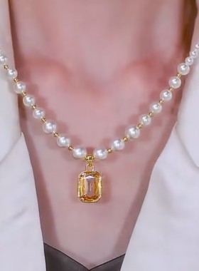 新款咖色方形水晶珠珠项链