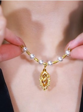高级感咖色锆石树叶珠珠项链女网红爆款轻奢高级感气质锁骨链颈链
