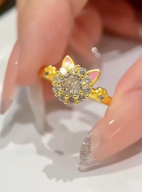 时尚粉色猫头可旋转猫戒指女网红爆款轻奢气质小众设计感戒指女