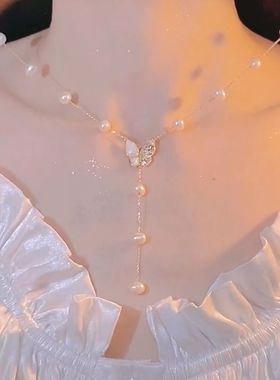 轻奢微镶锆石蝴蝶项链女高级感气质天然淡水珍珠流苏锁骨链颈链潮