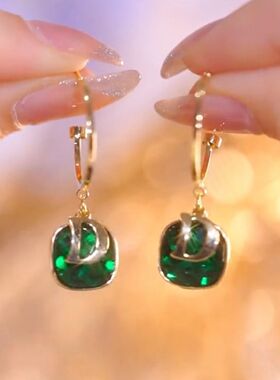 小众设计感D字母耳环女925银针气质绿色宝石耳坠耳圈2022年新款潮