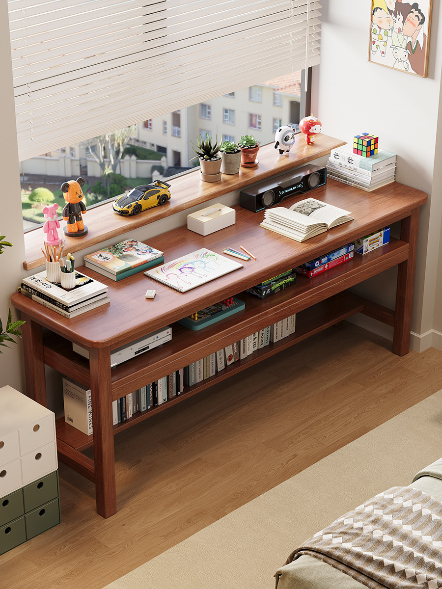 幽兰思实木双层书桌家用长条桌卧室靠墙电脑桌小户型中学生写字台