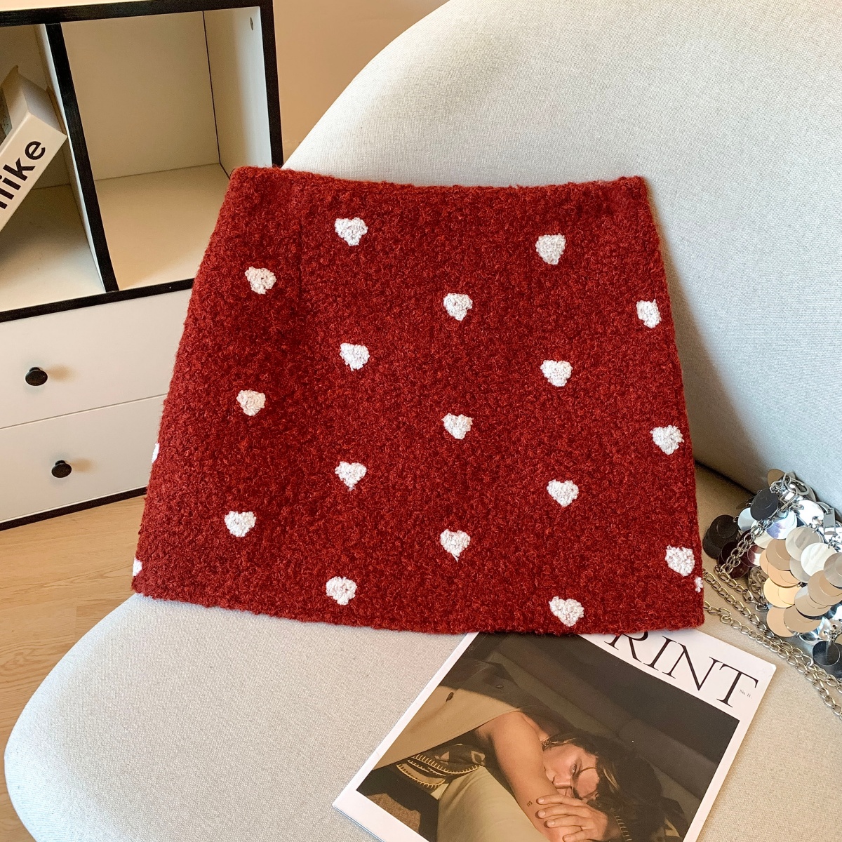 爱心圈圈毛呢A字半身裙羊羔短裙