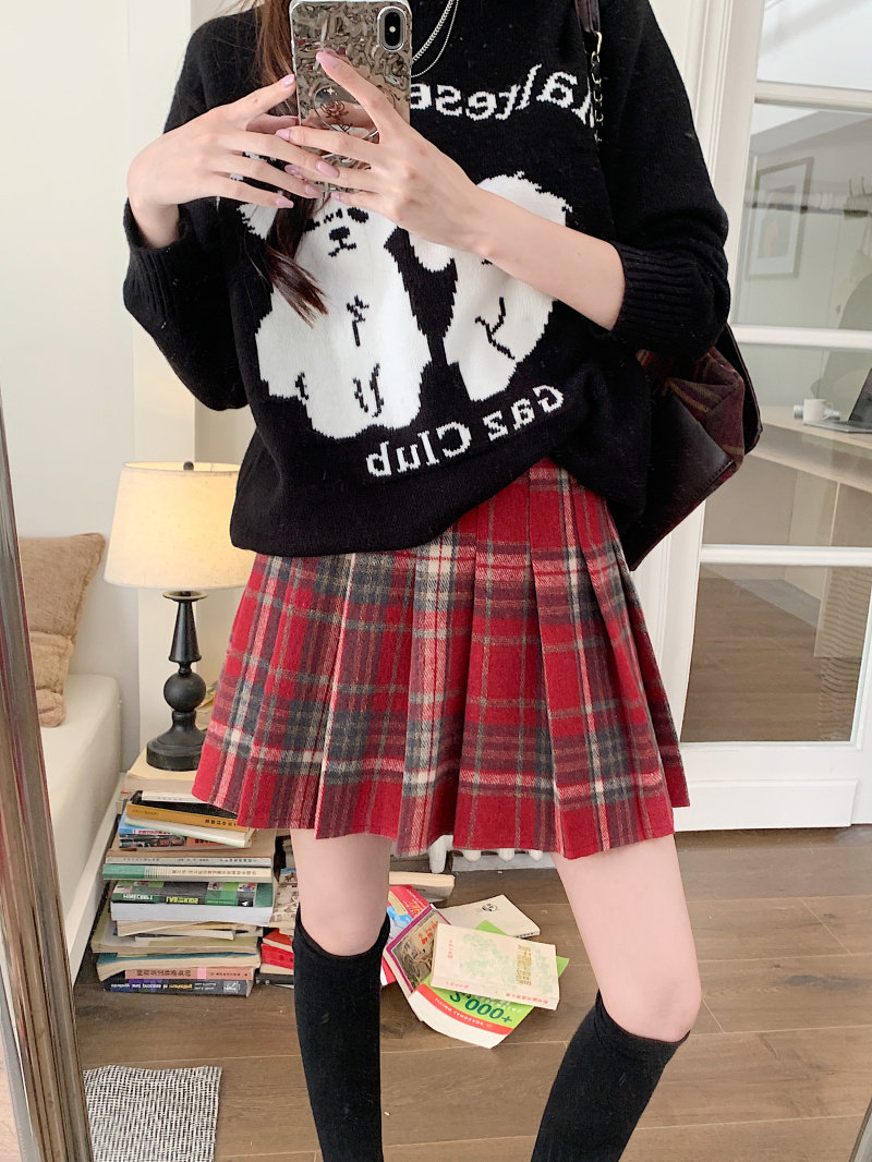 学院风韩版少女红色格子毛呢百褶裙秋冬大码高腰a字半身学生短裙