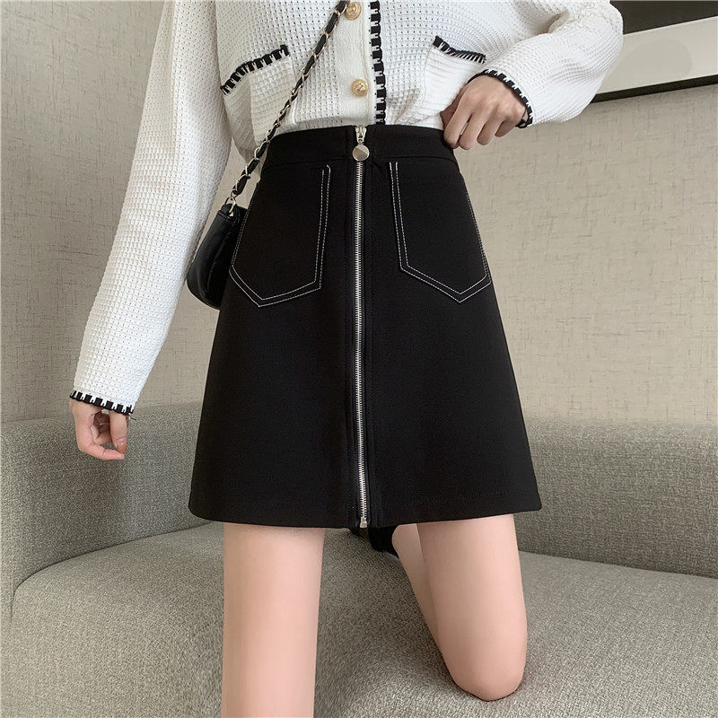 胖mm双口袋拉链半身裙女防走光短裙春秋韩版西装裙大码a字包臂裙