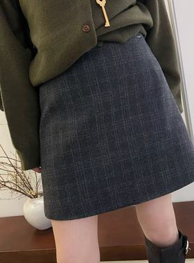 灰色羊毛呢格子半身裙冬大码百搭高个子显瘦a字包臀裙学院风短裙
