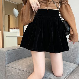 丝绒a字蓬蓬裙大码 防走光短裙 适合梨型遮胯百褶半身裙女秋冬韩版