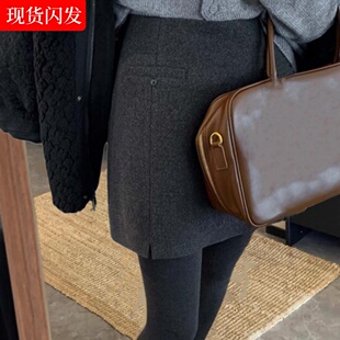 灰色A字半身裙女秋冬小个子高腰毛呢短裙大码简约外穿开叉包臂裙