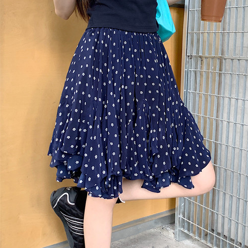 法式复古蓝白花人丝半身裙夏季女
