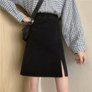 黑色牛仔半身裙2024春夏设计感侧开叉中裙大码 百搭遮胯a字包臂裙