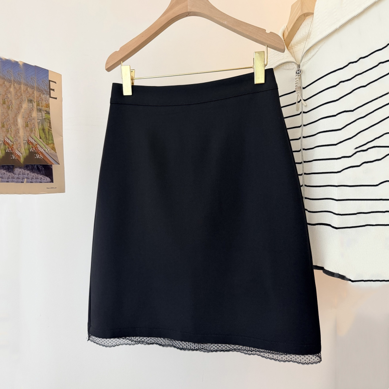 黑色及膝半身裙蕾丝边拼接A字裙春夏新款胖mm韩版遮腿粗直筒中裙