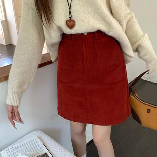 红色灯芯绒高腰A字半身裙大码 遮胯小个子短裙秋冬高腰包臂中裙女