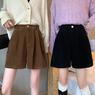 高腰灯芯绒阔腿短裤五分裤