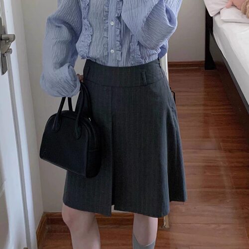 条纹百褶中裙梨形身材腿粗半身裙