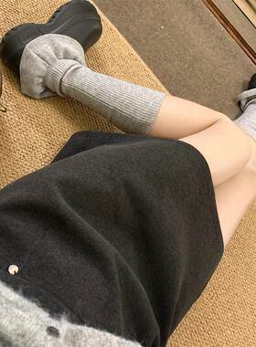 灰色毛呢短裙大码a字裙半身裙女秋冬款黑色包臀裙裤呢子百搭显瘦