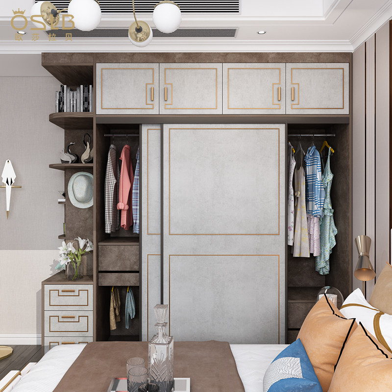 轻奢推拉门衣柜现代简约家用卧室实木移门衣橱储物柜组合整体定制