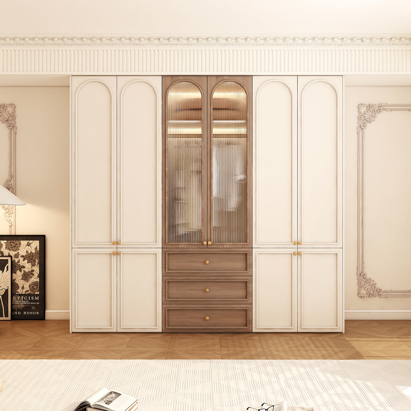 法式扣线拼色奶油风大衣柜可定制