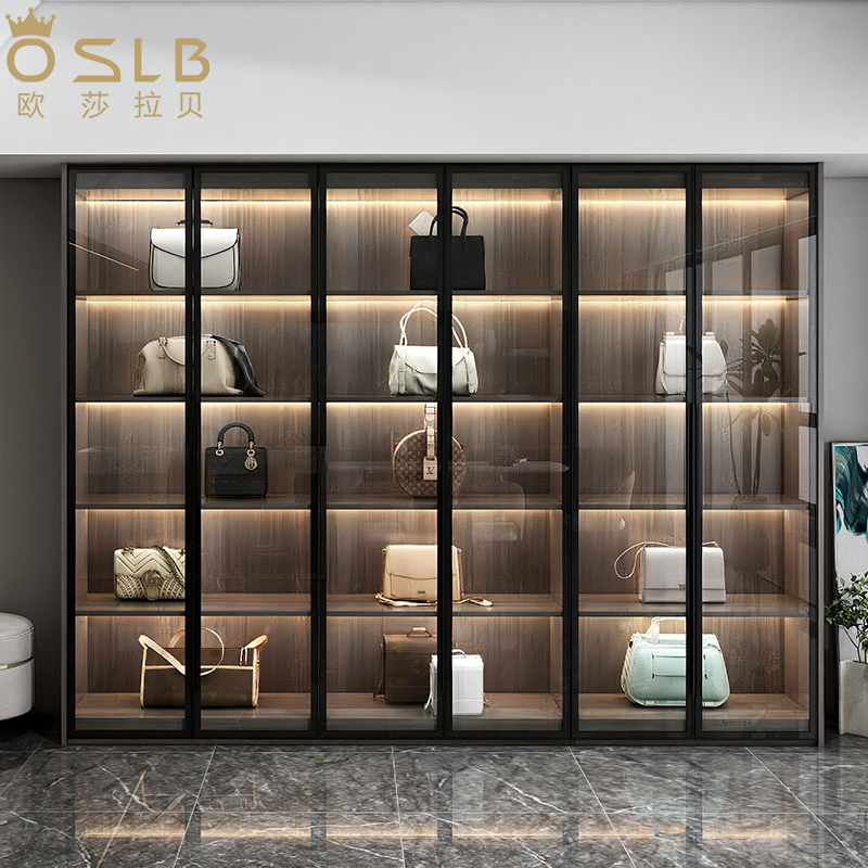 现代简约包包柜子展示柜定制实木轻奢玻璃门书柜陈列柜落地收纳柜