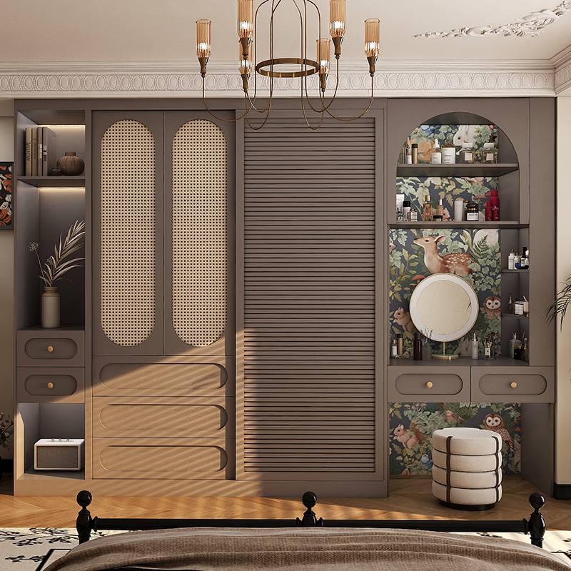 2024新爆款推拉门衣柜藤编实木家用卧室ENF级复古大衣橱带梳妆台