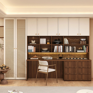 实木书桌书柜一体组合家用书房宋式美学电脑桌2025新款双人写字桌