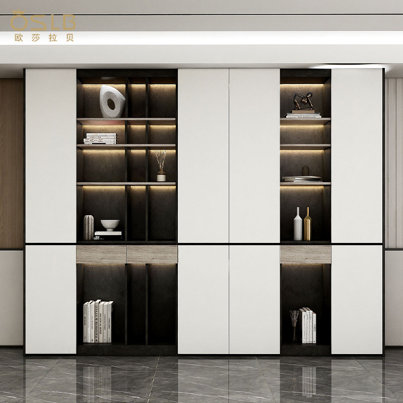 实木书柜带玻璃门落地现代简约书架整面墙意式极简网红客厅展示柜