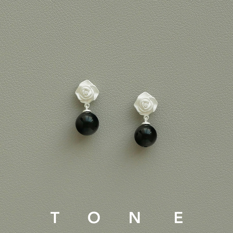 TONE原创烧白银色玫瑰花黑玛瑙耳夹蚊香盘气质中式无耳洞耳环耳钉