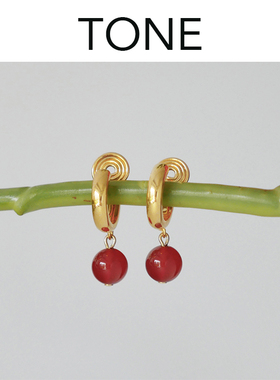 TONE 天然红玛瑙耳圈耳夹蚊香盘简约本命年气质银针耳钉无耳洞女