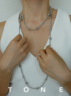 TONE定制插棒扣银灰色水晶珍珠绣球项链锁骨链优雅叠戴气质毛衣链