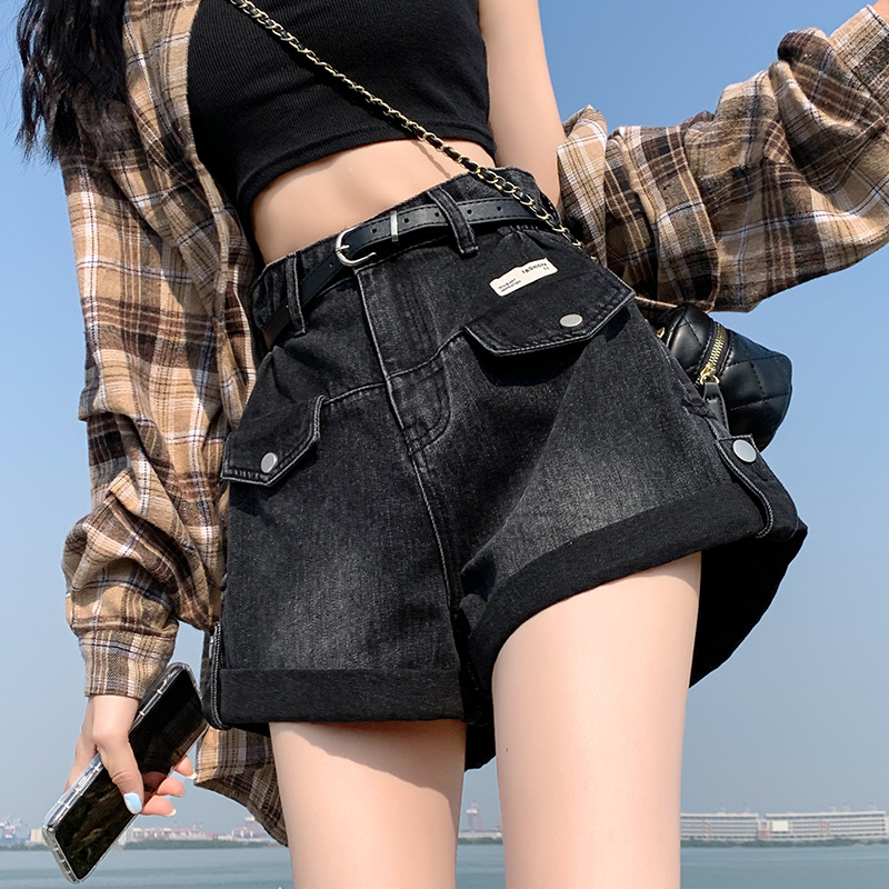 黑色牛仔短裤女夏季薄款2025新款设计感高腰卷边a字阔腿辣妹热裤