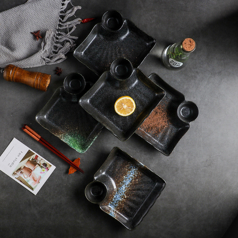 饺子盘家用陶瓷餐具带醋碟日式扇形创意凉菜盘子复古分格菜盘鱼盘,餐饮具,盘,淘宝优惠券,粉丝福利购,淘宝优惠卷