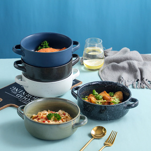 日式汤碗大号陶瓷碗双耳汤碗创意面碗日式沙拉碗家用汤盆餐具大碗