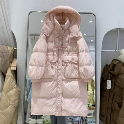 2024羽绒服女冬季中长款过膝连帽收腰加厚设计感小众外套白鸭绒
