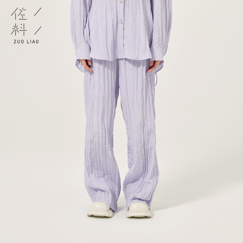 佐料轻薄褶皱直筒裤浅紫色