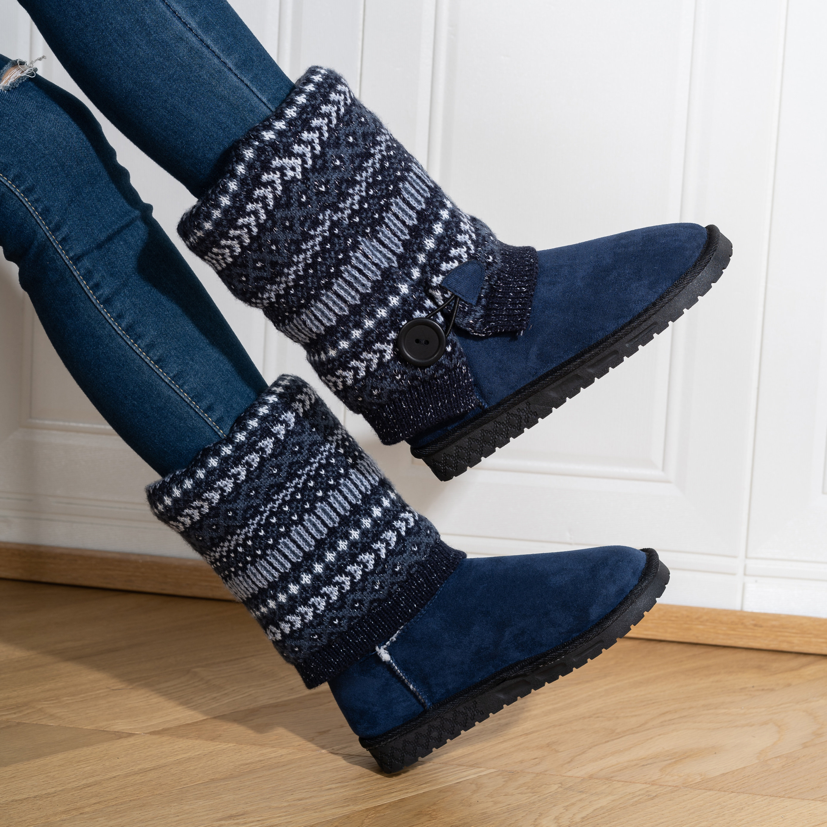 外贸品女秋冬休闲舒适短靴冬季加棉保暖棉靴雪地靴藏青针织靴子,女鞋,时尚雪地靴,淘宝优惠券,粉丝福利购,淘宝优惠卷