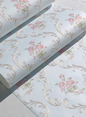 现代简欧田园小碎花墙纸3d浮雕立体粉色蓝色浅黄色小清新卧室壁纸