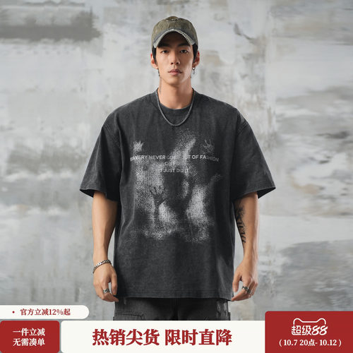 鹿家门做旧复古美式短袖男夏季运动休闲圆领上衣大码健身纯棉T恤