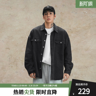 男装 鹿家门宽松黑色翻领牛仔衬衫 健身运动牛仔外套时尚 大码 男春季