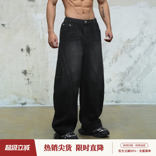 鹿家门新款复古做旧印花牛仔裤香蕉健身休闲弯刀长裤子男士加大肥