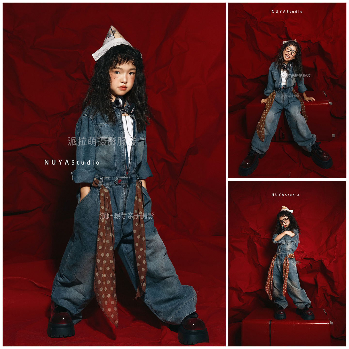 儿童摄影服装波点腰带牛仔女孩主题6岁-12岁女童拍照衣服道具写真