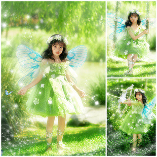 儿童摄影女童拍照连衣裙仙女裙绿色纱裙清新森林精灵翅膀影楼写真